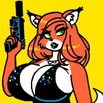  2023 5_fingers anthro big_breasts black_clothing black_dress black_lips black_lipstick breasts bust_portrait canid canine cleavage clothed clothing countershading digital_drawing_(artwork) digital_media_(artwork) dress female fingers fox fur gun hair handgun holding_gun holding_handgun holding_object holding_pistol holding_weapon inner_ear_fluff jewelry lips lipstick makeup mammal necklace oekaki pistol portrait ranged_weapon red_body red_fox red_fur red_hair silencer simple_background solo sparkly_dress tail tuft weapon white_body white_countershading woot yellow_background yellow_eyes 