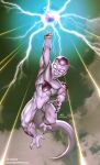  1boy alien arm_up bald black_nails cloud crazy_eyes death_ball_(technique) dragon_ball dragon_ball_z electricity energy_ball frieza full_body green_sky grin highres in-hyuk_lee index_finger_raised male_focus midair muscular muscular_male namek pectorals smile tail teeth veins 