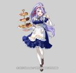  1girl :d apron blue_dress brown_footwear cake commentary_request cookie cup dress fire_emblem fire_emblem:_genealogy_of_the_holy_war fire_emblem_heroes food full_body grey_background hair_ribbon hand_up holding holding_cup long_hair looking_at_viewer maid maid_headdress official_alternate_costume official_art open_mouth pantyhose petticoat ponytail puffy_short_sleeves puffy_sleeves purple_eyes purple_hair red_ribbon ribbon shoes short_sleeves simple_background smile solo standing tailtiu_(fire_emblem) teacup tray urata_asao very_long_hair white_apron white_pantyhose 
