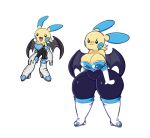  anthro big_breasts black_eyes breasts cleavage clothed clothing dewy-eyedboy female fusion generation_3_pokemon huge_thighs minun nintendo pokemon pokemon_(species) pokemon_fusion rouge_the_bat sega simple_background solo sonic_the_hedgehog_(series) standing thick_thighs wide_hips wings yellow_body 