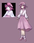  1girl closed_mouth commentary_request flower full_body hat hat_flower high_heels highres hiratose02_(mxx_459) long_sleeves looking_at_viewer mob_cap original pink_eyes pink_footwear pink_headwear pink_skirt purple_hair reference_inset shirt short_hair simple_background skirt socks solo standing touhou twitter_username white_flower white_shirt white_socks 