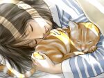  1girl brown_hair cat closed_eyes day highres indoors long_hair original pajamas satotan sleeping solo striped striped_pajamas sunlight under_covers 