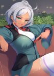  1girl absurdres ahoge asticassia_school_uniform blue_eyes breasts butter_curry couch dark-skinned_female dark_skin gundam gundam_suisei_no_majo highres large_breasts on_couch partially_unzipped school_uniform secelia_dote sitting thighhighs undershirt unzipping white_hair white_nails 