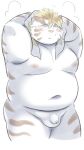  2023 absurd_res anthro balls belly big_belly blush felid flaccid genitals hi_res kemono licho_(tas) lifewonders male mammal moobs navel nipples overweight overweight_male pantherine penis ptcmtr small_penis solo tiger tokyo_afterschool_summoners towel 