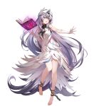  1girl bare_shoulders barefoot black_hair book breasts chain choker dress elbow_gloves feather_hair_ornament feather_trim feathers fire_emblem fire_emblem_engage fire_emblem_heroes floating floating_object gloves glowing grey_hair hair_ornament highres kanda_done long_hair multicolored_hair non-web_source official_art open_book open_mouth purple_eyes short_dress sleeveless sleeveless_dress small_breasts solo toes transparent_background two-tone_hair veyle_(fire_emblem) white_dress 