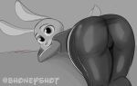  anthro bent_over big_butt black_and_white butt camel_toe clothing disney eyebrows female grey_background head_turned hi_res honeyshot judy_hopps lagomorph leporid looking_at_viewer looking_back looking_back_at_viewer mammal monochrome open_mouth rabbit rear_view scut_tail short_tail signature simple_background solo tail teeth thick_thighs topwear vest zootopia 