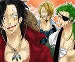  3boys aged_up asymmetrical_bangs black_hair blonde_hair cigarette closed_mouth curly_eyebrows earrings eyepatch facial_hair goatee green_hair hat hat_over_one_eye hat_removed headwear_removed holding holding_cigarette jewelry koumepanch low_ponytail monkey_d._luffy multiple_boys mustache one_piece open_mouth roronoa_zoro sanji_(one_piece) scar scar_across_eye scar_on_chest short_hair single_earring smile straw_hat 