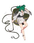  1girl bare_legs barefoot blood blood_on_weapon bucket closed_mouth full_body green_eyes green_hair hair_bobbles hair_ornament holding holding_weapon japanese_clothes kimono kisume long_sleeves shishi_osamu short_hair simple_background skull smile solo touhou two_side_up weapon white_background white_kimono wide_sleeves 
