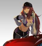  1girl arm_behind_back baseball_cap black_gloves black_headwear black_nails black_panties black_pantyhose black_shorts breasts brown_hair cleavage commission cropped_jacket dolphin_shorts elly_(vtuber) fingerless_gloves gloves grand_theft_auto grand_theft_auto_v green_eyes grey_background grey_hair grey_jacket hat highres indie_virtual_youtuber jacket long_hair multicolored_hair nail_polish navel panties pantyhose parody parted_lips rasetsu001 red_car shorts skeb_commission smile solo streaked_hair thong underwear very_long_hair virtual_youtuber 