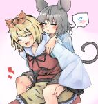  2girls animal_print blue_shirt carrying embarrassed ginnkei gradient_background grey_hair highres jacket long_sleeves multiple_girls nazrin piggyback pink_background red_eyes red_jacket shirt skirt speech_bubble tiger_print toramaru_shou touhou white_background white_shirt yellow_eyes yellow_skirt 