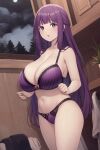 1girl :o absurdres bare_arms bare_shoulders blunt_bangs blush bow bow_bra bow_panties bra breasts cleavage collarbone fern_(sousou_no_frieren) full_moon highres kannko_bokujou large_breasts long_hair looking_at_viewer moon navel night open_mouth panties plant purple_bra purple_eyes purple_hair purple_panties solo sousou_no_frieren stomach textless_version thighs underwear 