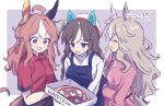  3girls animal_ears black_hair braid breasts brown_hair casual closed_eyes commentary_request copano_rickey_(umamusume) english_text engrish_text fang food grey_hair highres hokko_tarumae_(umamusume) horse_girl long_braid long_hair medium_breasts medium_hair mizin_kosutin multiple_girls open_mouth pizza purple_eyes ranguage simple_background sweat translation_request twin_braids umamusume white_background wonder_acute_(umamusume) 