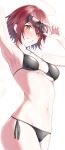  1girl absurdres arknights arm_up armpits bikini black_bikini blush breasts detached_wings energy_wings exusiai_(arknights) eyewear_on_head halo highres looking_at_viewer medium_breasts navel r_oot red_eyes red_hair short_hair side-tie_bikini_bottom simple_background smile solo standing stomach sunglasses swimsuit white_background wings 