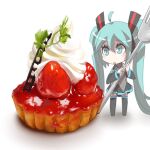  1girl absurdly_long_hair akanesixtyaction1 aqua_hair food food_focus fork fruit hatsune_miku holding holding_fork leaf long_hair lowres mini_person minigirl shadow simple_background solo strawberry twintails very_long_hair vocaloid whipped_cream white_background 