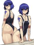  1girl alternate_costume ass black-framed_eyewear blue_eyes blue_hair breasts ciel_(tsukihime) commission covered_navel cross cross_necklace donburi_(donburikazoku) english_commentary from_behind glasses highleg highleg_swimsuit highres jewelry long_bangs looking_at_viewer medium_breasts necklace one-piece_swimsuit powered_ciel short_hair smile swimsuit tattoo tsukihime white_background 