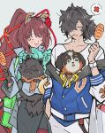  1boy 1girl animal_ears beard_stubble black_gloves black_hair blue_jacket brown_hair corn_dog dog dog_ears fate/grand_order fate_(series) gloves grey_background hair_over_one_eye honi_(ohohoni) jacket kyokutei_bakin_(dream_portrait)_(fate) kyokutei_bakin_(fate) long_hair okada_izou_(dog)_(fate) okada_izou_(fate) ponytail 