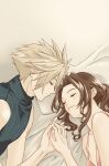  1boy 1girl absurdres aerith_gainsborough bare_shoulders bed_sheet blonde_hair blue_shirt breasts brown_hair closed_eyes cloud_strife couple dress final_fantasy final_fantasy_vii final_fantasy_vii_remake hair_between_eyes hair_tie hetero highres holding_hands long_hair makiron medium_breasts parted_bangs pink_dress ponytail shirt short_hair sidelocks sleeping sleeveless sleeveless_turtleneck smile spiked_hair turtleneck upper_body wavy_hair 