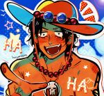  1boy absurdres bead_necklace beads black_hair blush cowboy_hat drop_shadow earrings freckles goggles goggles_on_headwear hat highres huyandere jewelry laughing male_focus medium_hair necklace one_piece open_mouth pointing portgas_d._ace solo sound_effects star_(symbol) stud_earrings tattoo tearing_up toned toned_male topless_male upper_body wavy_hair 