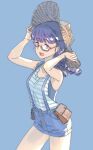  1girl alice_gear_aegis blue_background blue_shorts braid breasts brown_headwear denim denim_shorts glasses hands_on_headwear hat highres looking_at_viewer medium_breasts open_mouth purple_eyes purple_hair red-framed_eyewear shorts simple_background sleeveless solo suspender_shorts suspenders suzumaru swimsuit swimsuit_under_clothes tank_top twin_braids yorishiro_eri 