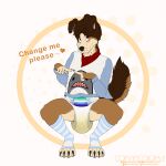  absurd_res anthro asking_viewer begging belly blue_clothing blue_eyes blue_legwear blue_stockings bodily_fluids brown_body brown_eyes brown_fur brown_hair canid canine canis carnecalary clothed clothing crouching dialogue diaper diaper_fetish diaper_use domestic_dog eyebrows feces fingers_together footwear full_diaper fur genital_fluids hair heterochromia hi_res hoodie infantilism legwear lgbt_pride looking_at_viewer male mammal markings messy_diaper navel pattern_clothing pattern_legwear peeing pooping poopy poopy_diaper pride_color_clothing pride_color_flag pride_color_topwear pride_colors print_clothing print_shirt print_topwear raised_eyebrows raised_tail sagging_diaper scarf shirt smelly smile socks soggy_diaper soiled_diaper soiling soiling_diaper solo spots spotted_markings squatting_position stained_diaper stinky_diaper stockings striped_clothing striped_legwear stripes tail talking_to_viewer teeth topwear urine used_diaper wearing_diaper wet_diaper wetting wetting_diaper white_clothing 