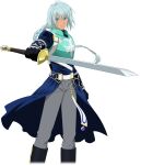  1boy aqua_hair armor black_gloves blue_eyes boots braid english_commentary feet_out_of_frame gloves grey_pants highres holding holding_sword holding_weapon long_hair male_focus official_art pants sword tales_of_(series) tales_of_asteria tales_of_rebirth transparent_background veigue_lungberg weapon 