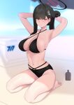  1girl armpits arms_behind_head barefoot bikini black_bikini black_hair blue_archive breasts cleavage hair_ornament hairclip halo highres long_hair looking_at_viewer moebell navel red_eyes rio_(blue_archive) sitting smile solo swimsuit wariza 