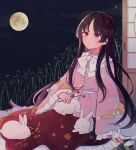  1girl :3 :o animal artist_name bamboo bow bowtie branch commentary_request cover frilled_shirt_collar frilled_skirt frilled_sleeves frills full_body full_moon houraisan_kaguya jeweled_branch_of_hourai long_hair long_sleeves moon mozukuzu_(manukedori) night night_sky open_mouth parted_bangs pink_shirt rabbit red_eyes red_skirt shirt sitting skirt sky sleeping solo touhou twitter_username very_long_hair white_bow white_bowtie wide_sleeves 
