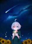  1girl absurdres ahoge black_cloak blue_eyes blue_hair bright_pupils cloak cloud crossed_bangs facing_viewer field fireflies flower flower_field hair_between_eyes heterochromia highres hood hood_down hooded_cloak indie_virtual_youtuber looking_afar looking_ahead mismatched_pupils multicolored_hair nebula night nisha_(vtuber) outdoors parted_lips red_eyes shooting_star short_hair sky solo soul_carrier spanish_commentary star-shaped_pupils star_(sky) star_(symbol) starry_sky streaked_hair sunflower symbol-shaped_pupils two-tone_hair virtual_youtuber white_hair white_pupils wide_sleeves 