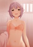  1girl :d bottomless bra brown_eyes idolmaster idolmaster_cinderella_girls indoors koshimizu_sachiko looking_at_viewer navel pink_hair sakaki_imasato short_hair smile solo underwear 