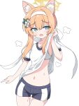  1girl absurdres animal_ears blue_archive blue_eyes blue_shorts fox_ears gym_uniform halo highres mangyu0111 mari_(blue_archive) mari_(track)_(blue_archive) official_alternate_costume orange_hair shirt shorts solo white_shirt 