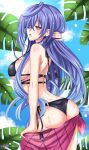  1girl artist_name ass bikini black_bikini blush braid breasts earrings from_side hair_between_eyes hair_ornament hair_over_one_eye heart highres iris_heart jewelry kami_jigen_game_neptune_v large_breasts lewdkuma looking_at_viewer looking_to_the_side neptune_(series) power_symbol side-tie_bikini_bottom swimsuit symbol-shaped_pupils wet 