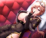  1girl absurdres areola_slip argyle_cape azur_lane black_cape black_dress black_gloves breasts brown_hair cape cape_lift cleavage clemenceau_(azur_lane) couch covered_navel cross crown dress elbow_gloves english_commentary fur_trim gloves hair_between_eyes highres hip_vent index_finger_raised large_breasts long_dress long_hair looking_at_viewer lying musanix on_back on_couch parted_lips pillow red_eyes shadow sidelocks signature single_bare_shoulder smile solo teasing tight_clothes tight_dress two-sided_cape two-sided_fabric two-tone_cape wristlet 
