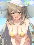  1girl :d bikini blonde_hair blue_archive blue_sky blush breasts cloud collarbone day green_eyes habu_rin halo hat highres large_breasts leaning_forward light_brown_hair long_hair navel nonomi_(blue_archive) nonomi_(swimsuit)_(blue_archive) open_mouth outdoors sky smile solo stomach sun_hat swimsuit very_long_hair wet white_headwear yellow_bikini 