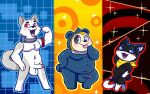  anthro atlus balls bear canid canine canis domestic_cat domestic_dog felid feline felis genitals group koromaru male mammal megami_tensei megami_tensei_persona moobs morgana_(persona) overweight overweight_male penis sega shiba_inu sinribbons size_difference skinny skinny_male smaller_male spitz teddie_(persona) trio 