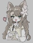  &lt;3 accessory anthro beverage female flower flower_in_hair hair hair_accessory long_hair looking_at_viewer open_mouth plant podo restricted_palette simple_background solo straw waist_up 