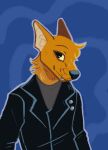  anthro black_nose blue_background canid canine clothing eyebrows fox fur gregg_lee guakamole_boi hi_res inner_ear_fluff jacket male mammal night_in_the_woods orange_body orange_fur pupils simple_background solo standing tan_inner_ear_fluff topwear tuft 