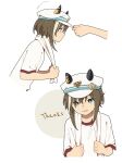  1girl 1other adjusting_clothes adjusting_headwear animal_ears blue_eyes brown_hair cheval_grand_(umamusume) closed_mouth english_text hat_belt highres holding holding_towel horse_ears looking_at_viewer motion_lines multicolored_hair multiple_views open_mouth out_of_frame shirt short_sleeves smile streaked_hair towel towel_around_neck umamusume upper_body white_headwear white_shirt yano_(edbr1022) 