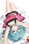  1girl :o apple aqua_eyes aqua_hair armpits arms_up ay6as bare_legs bare_shoulders breasts camisole food foreshortening fruit glass_footwear hatsune_miku highres lace-trimmed_camisole lace_trim long_hair looking_at_viewer lying medium_breasts on_back open_mouth pink_camisole polka_dot polka_dot_camisole red_apple romeo_to_cinderella_(vocaloid) shirt short_shorts shorts solo taut_clothes taut_shirt underwear unworn_footwear upside-down vocaloid 