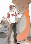  1boy brown_hair clenched_hand closed_mouth hand_in_pocket hand_up hat lapras lillin male_focus pants pokemon pokemon_(creature) pokemon_(game) pokemon_sm raglan_sleeves red_(pokemon) red_headwear shirt shoes short_hair short_sleeves smile standing white_background 