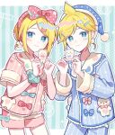  1boy 1girl :3 blonde_hair blue_eyes blue_jacket blue_pajamas blue_pants blush bow brother_and_sister character_name closed_mouth commentary cowboy_shot english_commentary frilled_shirt frilled_shirt_collar frills hair_bow hair_ornament hairclip hat holding holding_stuffed_toy jacket kagamine_len kagamine_rin long_sleeves looking_at_viewer nightcap pajamas pants pink_bow pink_pajamas pink_shirt polka_dot polka_dot_bow shirt shorts siblings stuffed_animal stuffed_toy teddy_bear twins vocaloid waka_(wk4444) white_shorts 