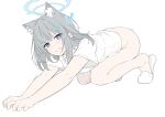  ! 1girl absurdres alternate_costume animal_ear_fluff animal_ears bad_id bad_twitter_id blue_archive blue_eyes blush bottomless grey_hair halo highres light_smile masabodo on_floor outstretched_arms shiroko_(blue_archive) shirt slippers smile solo stretching white_background white_shirt wolf_ears wolf_girl 