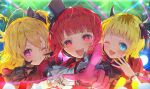  3girls :3 :d arima_kana ascot audience black_bow black_bowtie black_choker black_gloves blonde_hair blue_eyes blunt_bangs blurry blurry_foreground blush bow bowtie bracelet choker commentary_request crossed_bangs demon_horns fake_horns floating_hair frilled_gloves frills gloves glowstick hair_between_eyes hat highres horns hoshino_ruby idol idol_clothes jewelry long_hair looking_at_viewer memcho mini_hat multiple_girls negimapurinn no_pupils one_eye_closed one_side_up open_mouth oshi_no_ko pink_eyes pink_gloves pointing pointing_at_viewer puffy_short_sleeves puffy_sleeves red_brooch red_eyes red_hair red_shirt shadow shirt short_hair short_sleeves smile sparkle teeth upper_body upper_teeth_only white_ascot 