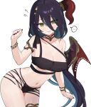  1girl bare_shoulders bikini black_bikini black_hair black_nails blue_hair blush bracelet breasts cleavage collarbone colored_inner_hair commentary cowboy_shot dark_blue_hair dated_commentary demon_wings facing_viewer hair_between_eyes hair_ornament hand_up haruka1638 highres horns jewelry large_breasts long_bangs long_hair looking_down multicolored_hair navel official_alternate_costume open_mouth princess_connect! ranpha_(princess_connect!) ranpha_(summer)_(princess_connect!) red_horns simple_background single_horn single_wing solo spoken_blush sweatdrop swimsuit thighlet two-tone_hair very_long_hair white_background wings yellow_eyes 