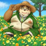  2023 absurd_res anthro band-aid bandage bear belly big_belly blush bottomwear brown_body brown_fur clothing cute_fangs detailed_background eyes_closed eyewear flower fur glasses hat headgear headwear hi_res humanoid_hands kemono lifewonders male mammal outside overweight overweight_male pants plant sitting smile solo straw_hat tokyo_afterschool_summoners tree volos yaki_atsuage 