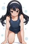  1girl all_fours black_hair blue_one-piece_swimsuit breasts brown_eyes collarbone covered_navel girls_und_panzer hairband highres long_hair looking_at_viewer old_school_swimsuit one-piece_swimsuit reizei_mako school_swimsuit secretter small_breasts solo swimsuit white_hairband 