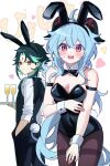  1boy 1girl \||/ ahoge alcohol animal_ears annlin black_bow black_bowtie black_leotard black_pantyhose blue_hair blush bow bowtie champagne closed_mouth collarbone covered_navel cowboy_shot cup detached_collar dot_nose facial_mark fake_animal_ears fake_tail forehead_mark ganyu_(genshin_impact) genshin_impact goat_horns green_hair hand_in_pocket heart highleg highleg_leotard highres holding holding_plate horns leaning_forward leotard long_hair looking_at_viewer multicolored_hair open_mouth pale_skin pantyhose pink_eyes plate playboy_bunny rabbit_tail simple_background slit_pupils strapless strapless_leotard tail teeth two-tone_hair upper_teeth_only v-shaped_eyebrows white_background wrist_cuffs xiao_(genshin_impact) yellow_eyes 