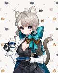  1girl animal_ear_fluff animal_ears animal_print blunt_bangs braid cat_ears cat_girl cat_print cat_tail commentary_request cup facial_tattoo forehead genshin_impact grey_hair holding holding_cup long_hair long_sleeves looking_at_viewer lynette_(genshin_impact) miyako_draw parted_bangs purple_eyes sidelocks simple_background single_braid smile solo star_tattoo tail tattoo teacup two-tone_gloves white_background 