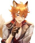  1boy ahoge animal_ear_fluff animal_ears artist_name bandaged_chest bandages bandaid bandaid_on_cheek bandaid_on_face bandaid_on_nose black_gloves blue_eyes collarbone collared_shirt commentary crossed_bandaids crossed_bangs earrings english_commentary fox_boy fox_ears fox_tail genshin_impact gloves grey_jacket hair_between_eyes half_gloves hand_up highres index_finger_raised jacket jewelry lapels looking_at_viewer lower_teeth_only male_focus open_clothes open_jacket open_mouth orange_hair popped_collar raised_eyebrows red_shirt ring round_teeth shirt short_hair simple_background single_earring sleeves_rolled_up smile snifflesmp4 solo sweatdrop tail tartaglia_(genshin_impact) teeth twitter_username upper_body watermark white_background 