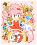  2023 amy_rose anthro biped boots border clothed clothing dessert dress eulipotyphlan eyelashes female food footwear front_view full-length_portrait fur gloves green_eyes handwear hedgehog hi_res ice_cream mammal pink_body pink_fur portrait red_clothing red_dress sega solo sonic_the_hedgehog_(series) tikal_love white_border year 