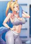  1girl ahri_(league_of_legends) animal_ear_fluff animal_ears bare_shoulders blonde_hair blue_eyes blurry blurry_background blush breasts cleavage clothes_writing collarbone commentary covered_nipples cowboy_shot crystal_tail facial_mark fox_ears fox_girl gonster grey_leggings grey_sports_bra hand_on_own_hip highres holding holding_towel indoors k/da_(league_of_legends) k/da_ahri large_breasts league_of_legends leggings locker locker_room long_hair looking_at_viewer midriff navel open_mouth signature solo sports_bra standing tail towel whisker_markings wristband 
